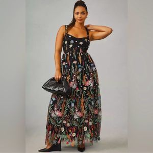 Anthropologie Sheer Floral Embroidered Mesh Midi Dress